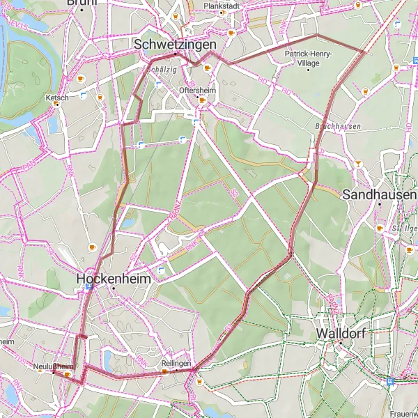 Map miniature of "Hockenheim and Schwetzingen Gravel Loop" cycling inspiration in Karlsruhe, Germany. Generated by Tarmacs.app cycling route planner