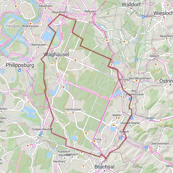 Map miniature of "Kronau and Ubstadt-Weiher Gravel Loop" cycling inspiration in Karlsruhe, Germany. Generated by Tarmacs.app cycling route planner