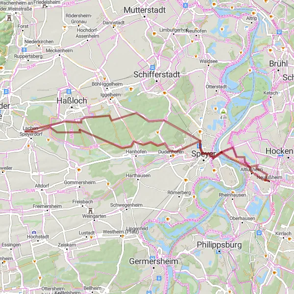Map miniature of "Gems of Speyer Gravel Ride" cycling inspiration in Karlsruhe, Germany. Generated by Tarmacs.app cycling route planner