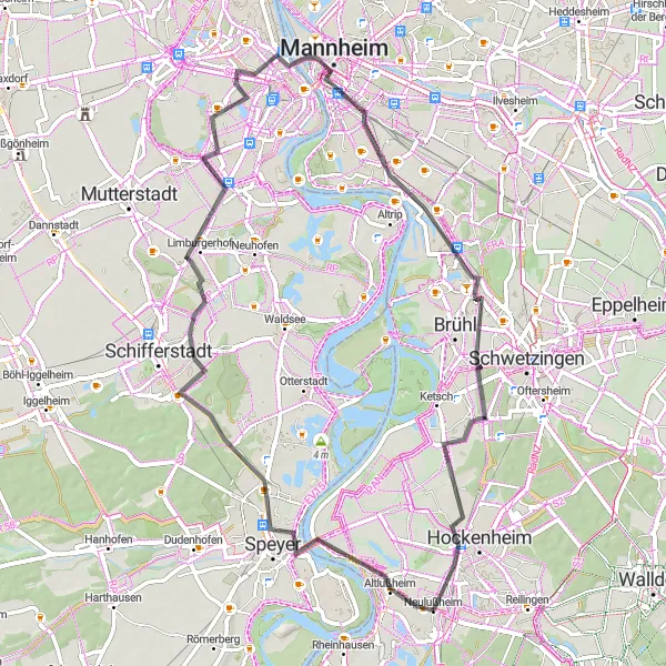 Map miniature of "Speyer-Limburgerhof Scenic Ride" cycling inspiration in Karlsruhe, Germany. Generated by Tarmacs.app cycling route planner