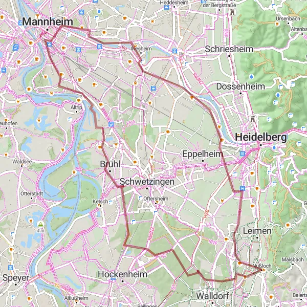 Map miniature of "Gravel Delights" cycling inspiration in Karlsruhe, Germany. Generated by Tarmacs.app cycling route planner