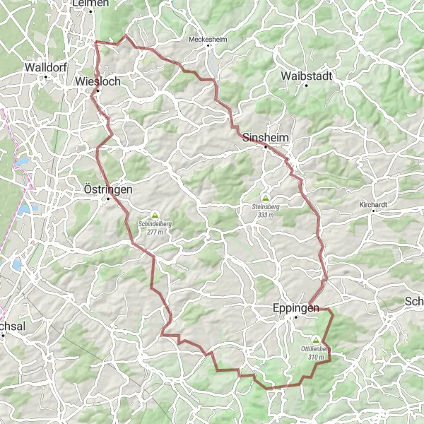 Karten-Miniaturansicht der Radinspiration "Gravelchallenge von Nußloch nach Zaisenhausen" in Karlsruhe, Germany. Erstellt vom Tarmacs.app-Routenplaner für Radtouren