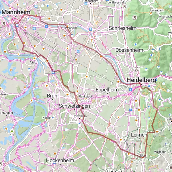 Map miniature of "Riverside Gravel Exploration" cycling inspiration in Karlsruhe, Germany. Generated by Tarmacs.app cycling route planner