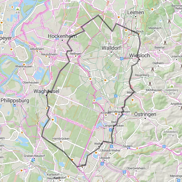 Karten-Miniaturansicht der Radinspiration "Bad Langenbrücken und Reilingen Straßenfahrt" in Karlsruhe, Germany. Erstellt vom Tarmacs.app-Routenplaner für Radtouren