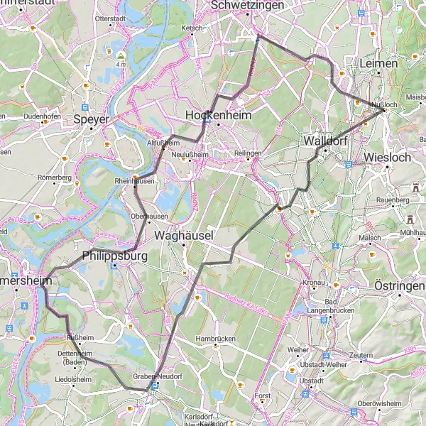 Map miniature of "Walldorf and Beyond" cycling inspiration in Karlsruhe, Germany. Generated by Tarmacs.app cycling route planner