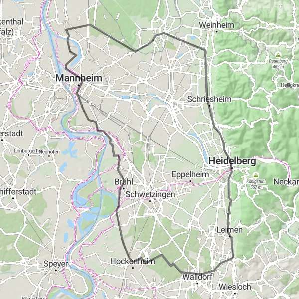 Karten-Miniaturansicht der Radinspiration "Mannheim und Heidelberg Straßenrundfahrt" in Karlsruhe, Germany. Erstellt vom Tarmacs.app-Routenplaner für Radtouren