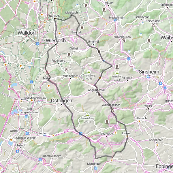 Map miniature of "Challenging Climbs and Inspiring Landscapes" cycling inspiration in Karlsruhe, Germany. Generated by Tarmacs.app cycling route planner