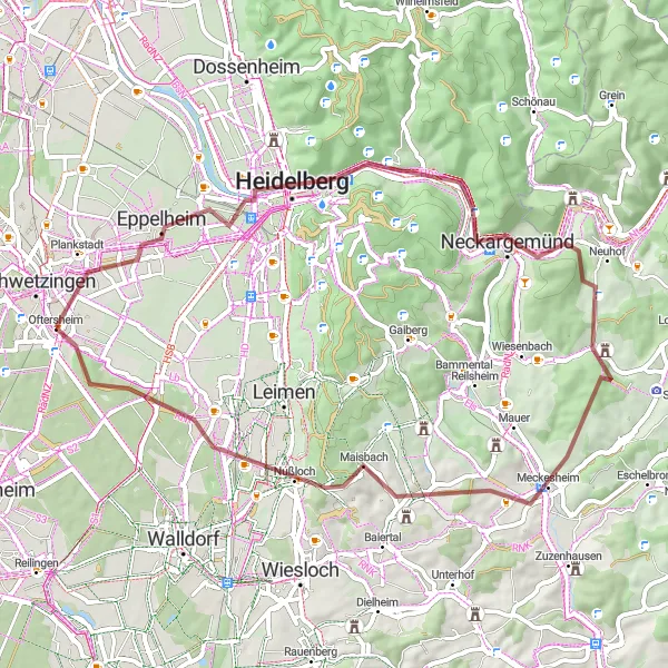 Map miniature of "Hillside Gravel Loop" cycling inspiration in Karlsruhe, Germany. Generated by Tarmacs.app cycling route planner