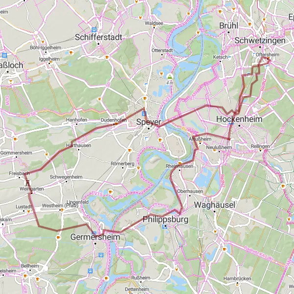 Map miniature of "Riverside Gravel Ride" cycling inspiration in Karlsruhe, Germany. Generated by Tarmacs.app cycling route planner