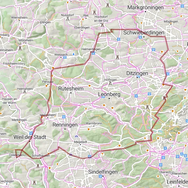 Karten-Miniaturansicht der Radinspiration "Graveltour rund um Ostelsheim" in Karlsruhe, Germany. Erstellt vom Tarmacs.app-Routenplaner für Radtouren