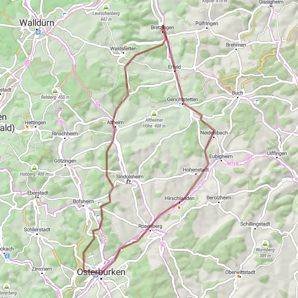 Karten-Miniaturansicht der Radinspiration "Schottertour in der Umgebung von Osterburken" in Karlsruhe, Germany. Erstellt vom Tarmacs.app-Routenplaner für Radtouren