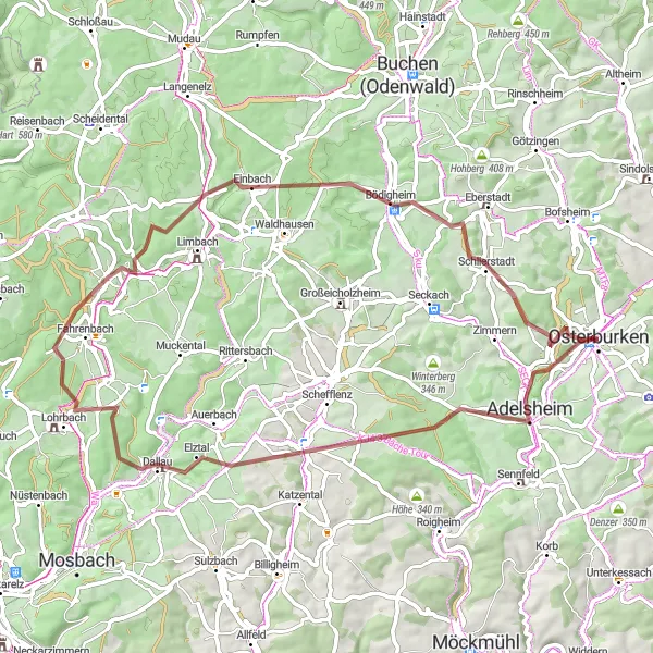 Karten-Miniaturansicht der Radinspiration "Schotterabenteuer rund um Osterburken" in Karlsruhe, Germany. Erstellt vom Tarmacs.app-Routenplaner für Radtouren