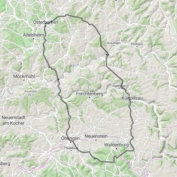 Karten-Miniaturansicht der Radinspiration "Radtour um Osterburken" in Karlsruhe, Germany. Erstellt vom Tarmacs.app-Routenplaner für Radtouren