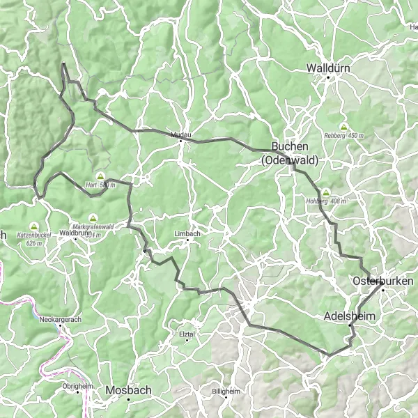Karten-Miniaturansicht der Radinspiration "Rundtour um Osterburken" in Karlsruhe, Germany. Erstellt vom Tarmacs.app-Routenplaner für Radtouren