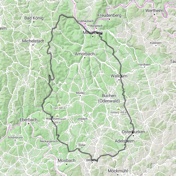 Karten-Miniaturansicht der Radinspiration "Hohen Odenwald Schleife" in Karlsruhe, Germany. Erstellt vom Tarmacs.app-Routenplaner für Radtouren