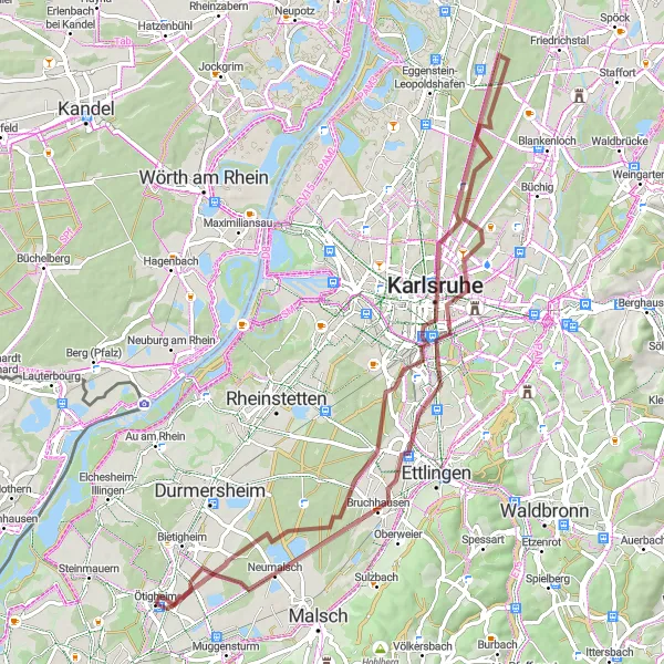 Karten-Miniaturansicht der Radinspiration "Gravel Abenteuer um Karlsruhe" in Karlsruhe, Germany. Erstellt vom Tarmacs.app-Routenplaner für Radtouren