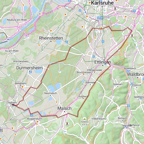 Karten-Miniaturansicht der Radinspiration "Gravel Tour durch Ötigheim" in Karlsruhe, Germany. Erstellt vom Tarmacs.app-Routenplaner für Radtouren