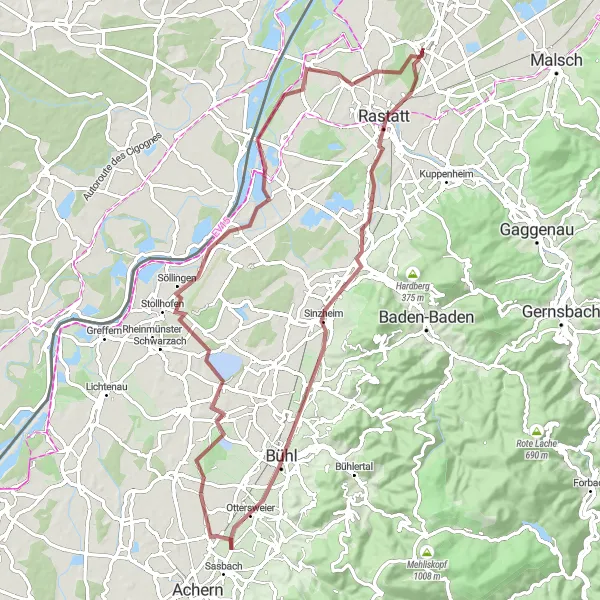 Map miniature of "The Gravel Adventure of Rastatt" cycling inspiration in Karlsruhe, Germany. Generated by Tarmacs.app cycling route planner