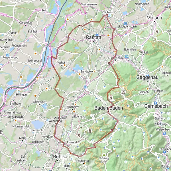Map miniature of "The Enchanting Hardberg" cycling inspiration in Karlsruhe, Germany. Generated by Tarmacs.app cycling route planner