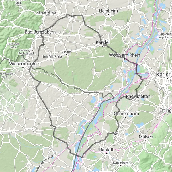 Map miniature of "The Rhine Circuit" cycling inspiration in Karlsruhe, Germany. Generated by Tarmacs.app cycling route planner