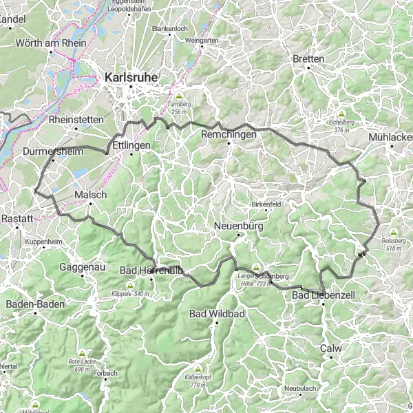Map miniature of "The Rüppurr Adventure" cycling inspiration in Karlsruhe, Germany. Generated by Tarmacs.app cycling route planner