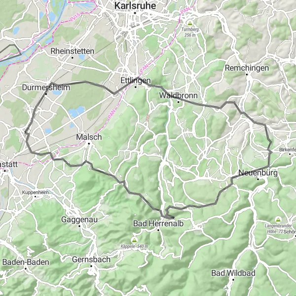 Map miniature of "Ettlingen and Beyond" cycling inspiration in Karlsruhe, Germany. Generated by Tarmacs.app cycling route planner