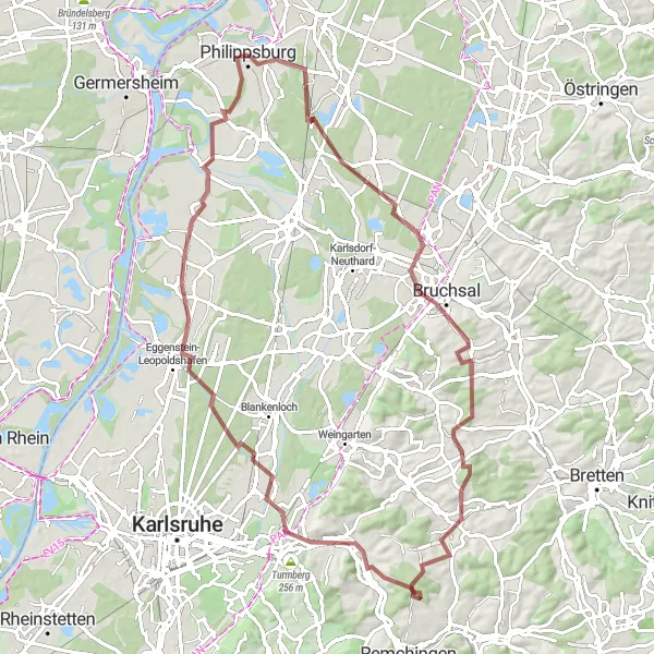 Karten-Miniaturansicht der Radinspiration "Bergige Herausforderung von Philippsburg" in Karlsruhe, Germany. Erstellt vom Tarmacs.app-Routenplaner für Radtouren