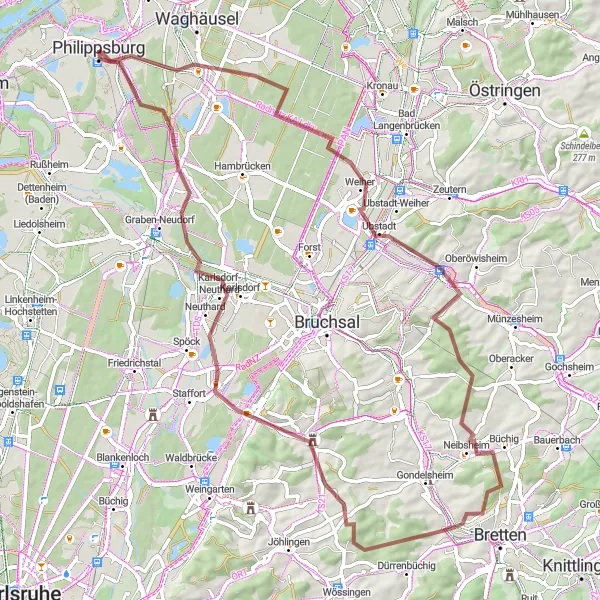 Karten-Miniaturansicht der Radinspiration "Entdeckungsreiche Rundtour ab Philippsburg" in Karlsruhe, Germany. Erstellt vom Tarmacs.app-Routenplaner für Radtouren