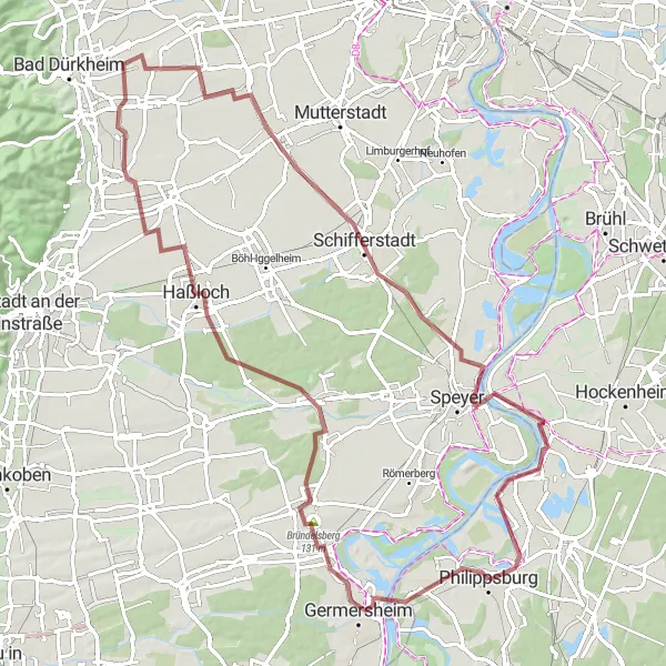 Karten-Miniaturansicht der Radinspiration "Die Hügelroute von Philippsburg" in Karlsruhe, Germany. Erstellt vom Tarmacs.app-Routenplaner für Radtouren