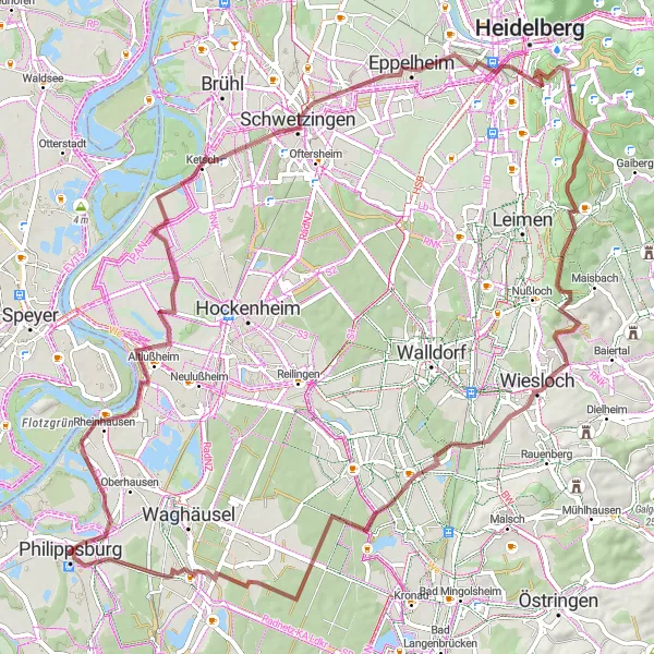 Karten-Miniaturansicht der Radinspiration "Entlang des Neckars und durch malerische Landschaften" in Karlsruhe, Germany. Erstellt vom Tarmacs.app-Routenplaner für Radtouren