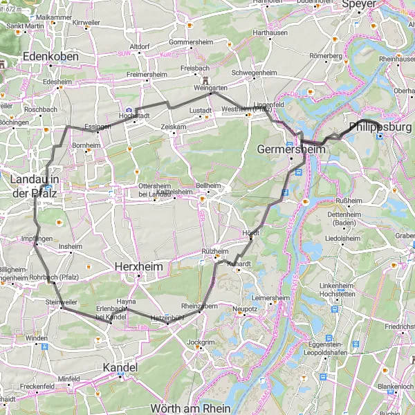 Karten-Miniaturansicht der Radinspiration "Aussichtsreiche Runde um Philippsburg" in Karlsruhe, Germany. Erstellt vom Tarmacs.app-Routenplaner für Radtouren
