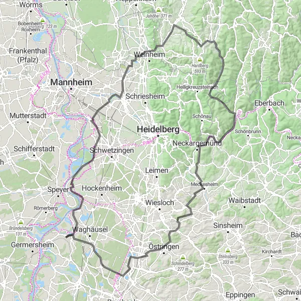 Karten-Miniaturansicht der Radinspiration "Radweg durch Weinheim und Bergstraße" in Karlsruhe, Germany. Erstellt vom Tarmacs.app-Routenplaner für Radtouren