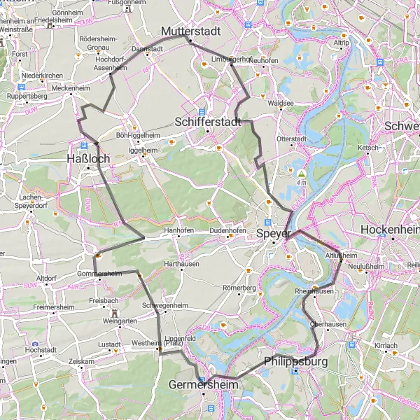 Karten-Miniaturansicht der Radinspiration "Rundweg um Philippsburg und Umgebung" in Karlsruhe, Germany. Erstellt vom Tarmacs.app-Routenplaner für Radtouren