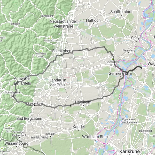 Karten-Miniaturansicht der Radinspiration "Tour der Burgen und Weinberge" in Karlsruhe, Germany. Erstellt vom Tarmacs.app-Routenplaner für Radtouren