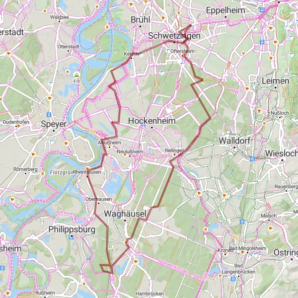 Map miniature of "Reilingen & Kirrlach Gravel Adventure" cycling inspiration in Karlsruhe, Germany. Generated by Tarmacs.app cycling route planner