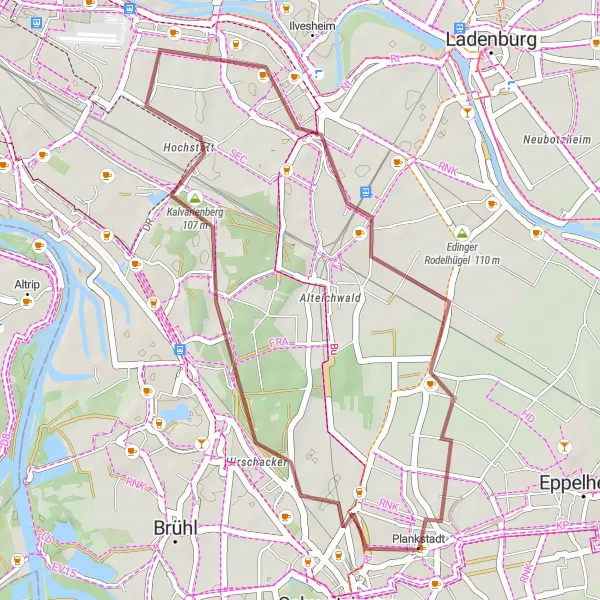 Map miniature of "Kalvarienberg & Grenzhof Gravel Tour" cycling inspiration in Karlsruhe, Germany. Generated by Tarmacs.app cycling route planner