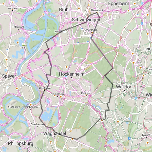 Map miniature of "Oftersheim & Altlußheim Road Journey" cycling inspiration in Karlsruhe, Germany. Generated by Tarmacs.app cycling route planner