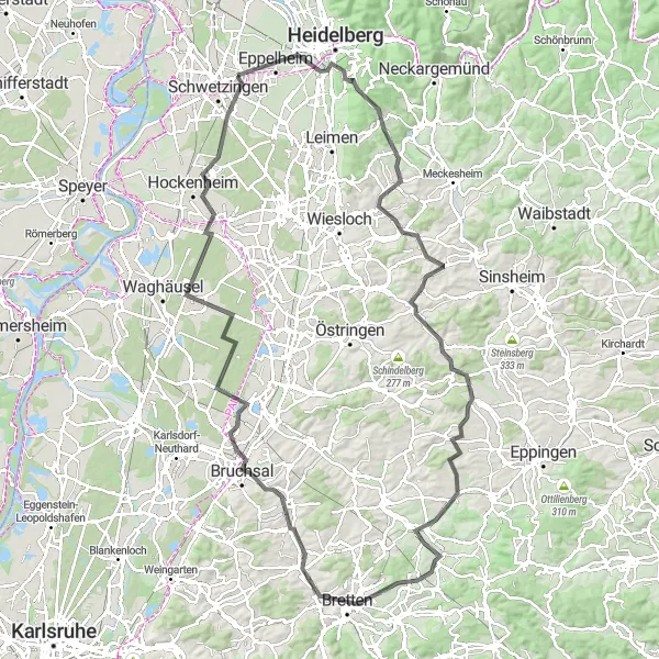Map miniature of "Hills of Kraichgau" cycling inspiration in Karlsruhe, Germany. Generated by Tarmacs.app cycling route planner