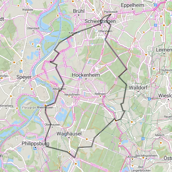 Map miniature of "Sankt Leon & Rheinhausen Road Loop" cycling inspiration in Karlsruhe, Germany. Generated by Tarmacs.app cycling route planner