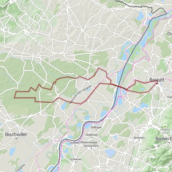 Map miniature of "Scenic Gravel Trails and Quaint Villages" cycling inspiration in Karlsruhe, Germany. Generated by Tarmacs.app cycling route planner