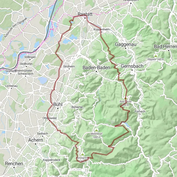 Karten-Miniaturansicht der Radinspiration "Abenteuerliches Gravel-Erlebnis" in Karlsruhe, Germany. Erstellt vom Tarmacs.app-Routenplaner für Radtouren