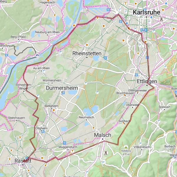 Map miniature of "Ötigheim and Mount Klotz Gravel Adventure" cycling inspiration in Karlsruhe, Germany. Generated by Tarmacs.app cycling route planner