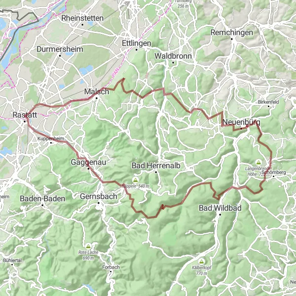 Map miniature of "Aussichtsturm Schwanner Warte Gravel Adventure" cycling inspiration in Karlsruhe, Germany. Generated by Tarmacs.app cycling route planner