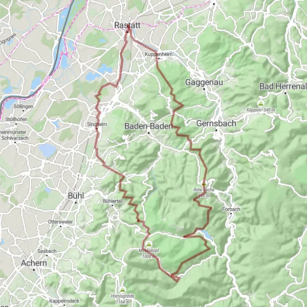 Map miniature of "Mehliskopf and Kälbelskopf Gravel Challenge" cycling inspiration in Karlsruhe, Germany. Generated by Tarmacs.app cycling route planner