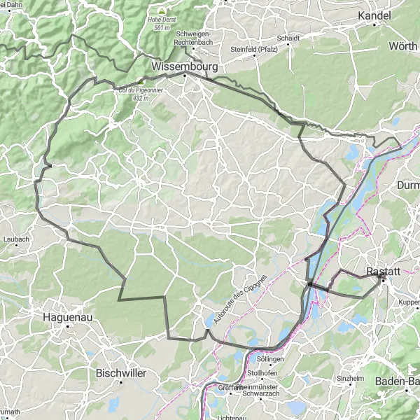 Map miniature of "Historical Tumulus and Picturesque Villages" cycling inspiration in Karlsruhe, Germany. Generated by Tarmacs.app cycling route planner