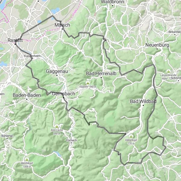 Map miniature of "Wulzenkopf and Hohloh Road Challenge" cycling inspiration in Karlsruhe, Germany. Generated by Tarmacs.app cycling route planner