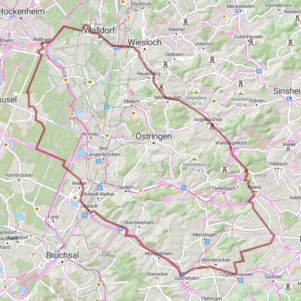 Map miniature of "Walldorf and Angelbachtal Gravel Cycling Route" cycling inspiration in Karlsruhe, Germany. Generated by Tarmacs.app cycling route planner