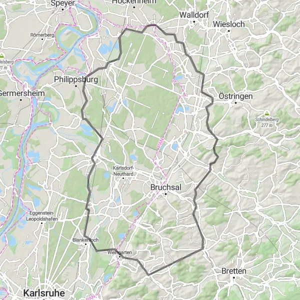 Map miniature of "The Forests and Hills Adventure" cycling inspiration in Karlsruhe, Germany. Generated by Tarmacs.app cycling route planner