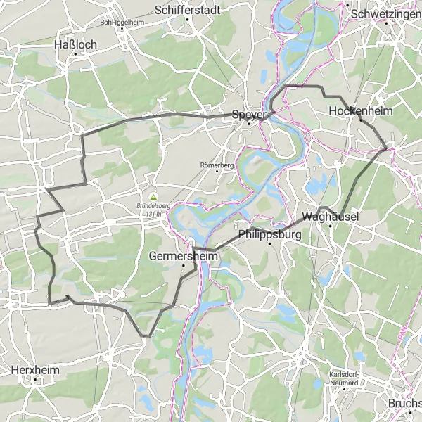 Map miniature of "Waghäusel and Dudenhofen Road Cycling Route" cycling inspiration in Karlsruhe, Germany. Generated by Tarmacs.app cycling route planner