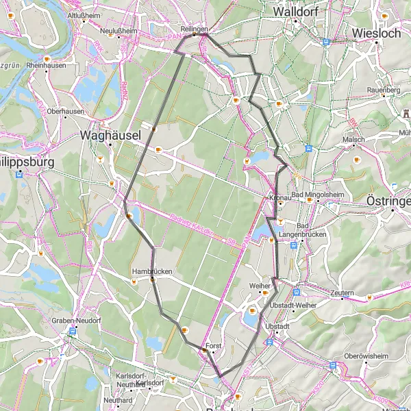 Map miniature of "Kronau to Reilingen Road Cycling Route" cycling inspiration in Karlsruhe, Germany. Generated by Tarmacs.app cycling route planner